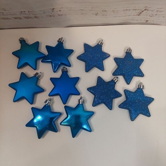 Pack of Ten 2.5 inche Star Shaped Christmas Tree Decorations Blue - Picture 2 of 6